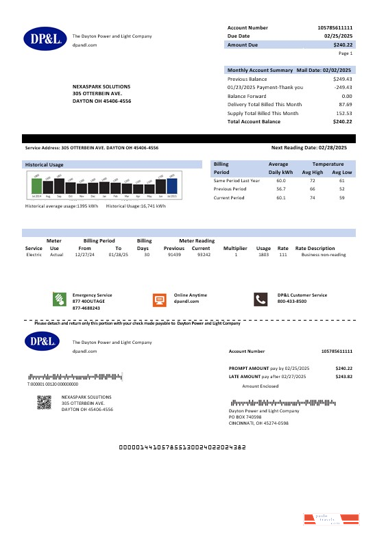 USA Ohio DP&L business utility bill template in Word and PDF formats